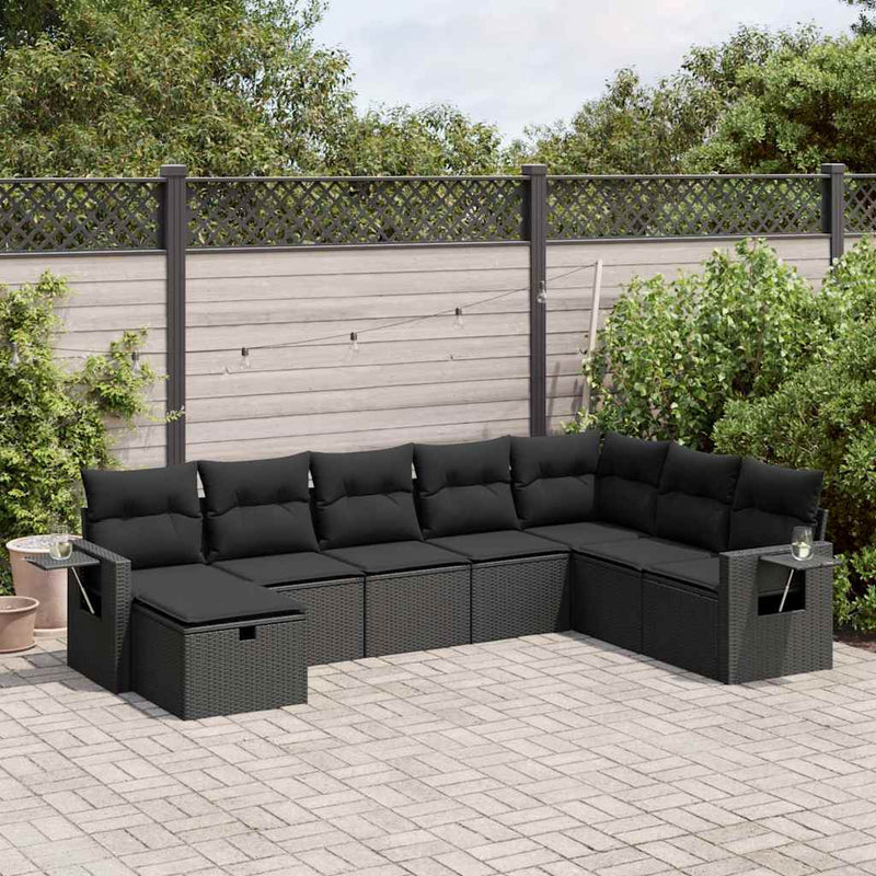 8 Piece Garden Sofa Set with Cushions Black Poly Rattan