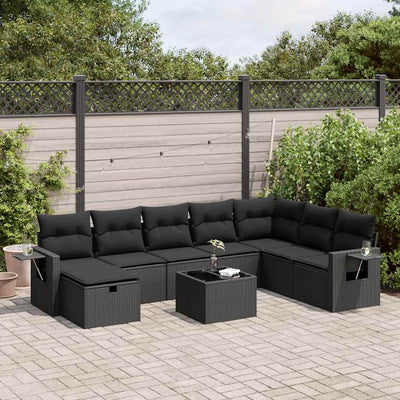 9 Piece Garden Sofa Set with Cushions Black Poly Rattan