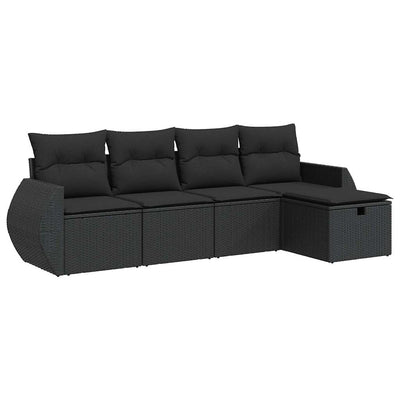 5 Piece Garden Sofa Set with Cushions Black Poly Rattan