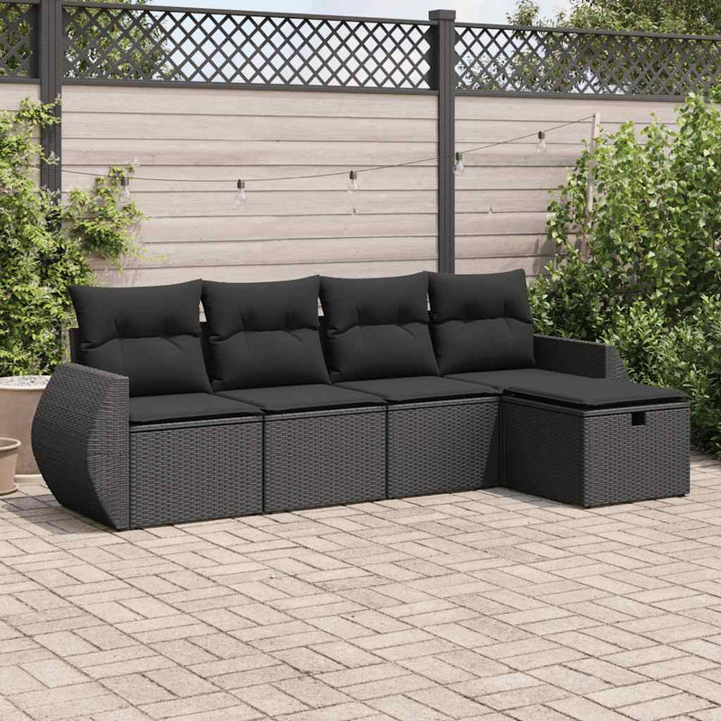 5 Piece Garden Sofa Set with Cushions Black Poly Rattan