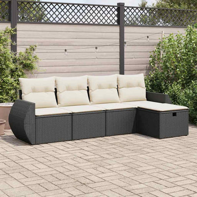 5 Piece Garden Sofa Set with Cushions Black Poly Rattan