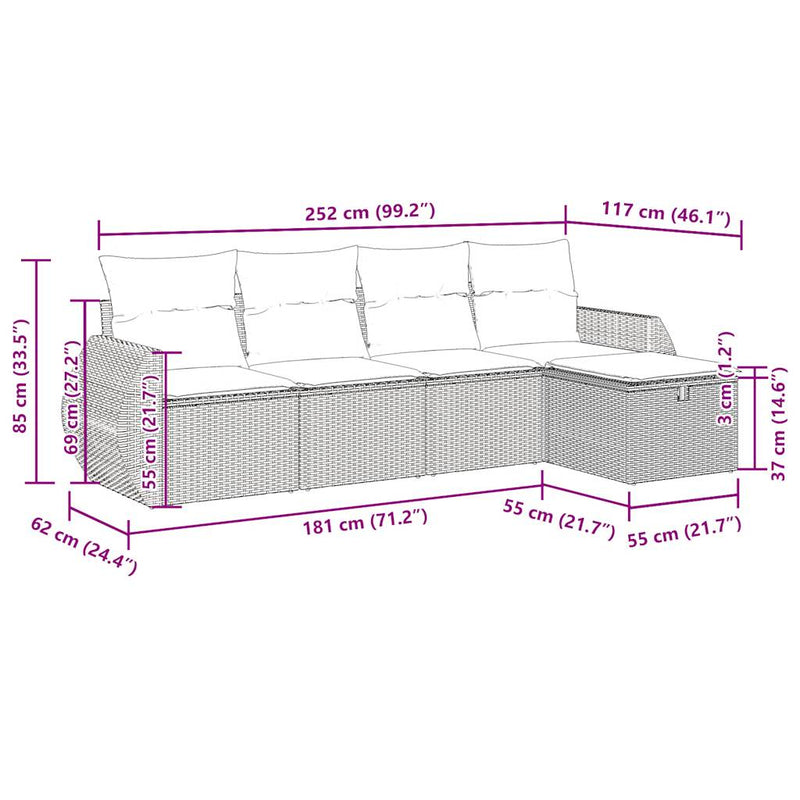 5 Piece Garden Sofa Set with Cushions Grey Poly Rattan