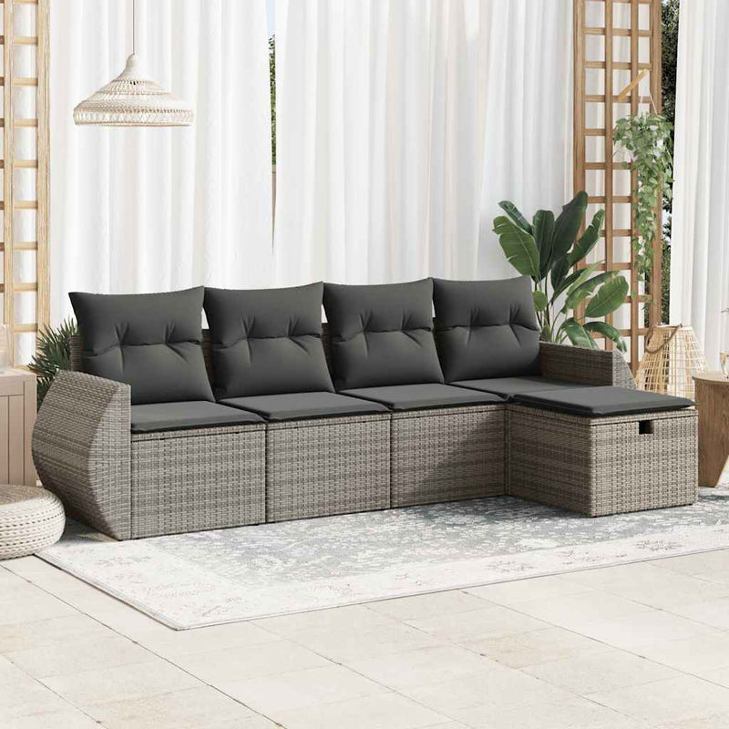 5 Piece Garden Sofa Set with Cushions Grey Poly Rattan