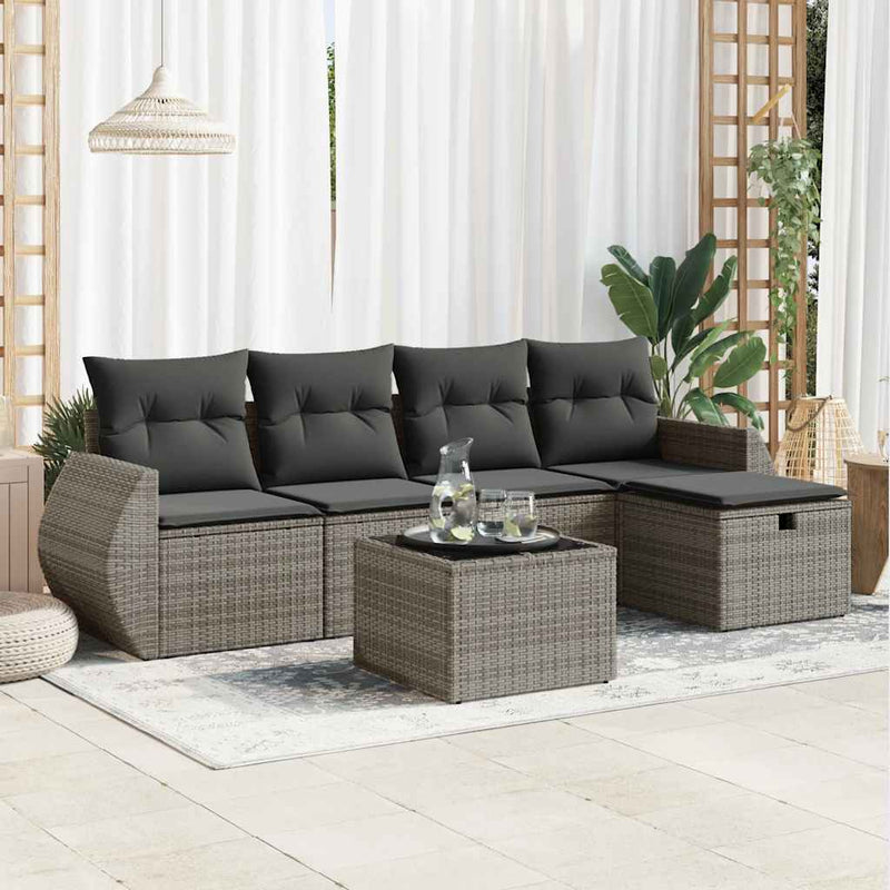 6 Piece Garden Sofa Set with Cushions Grey Poly Rattan