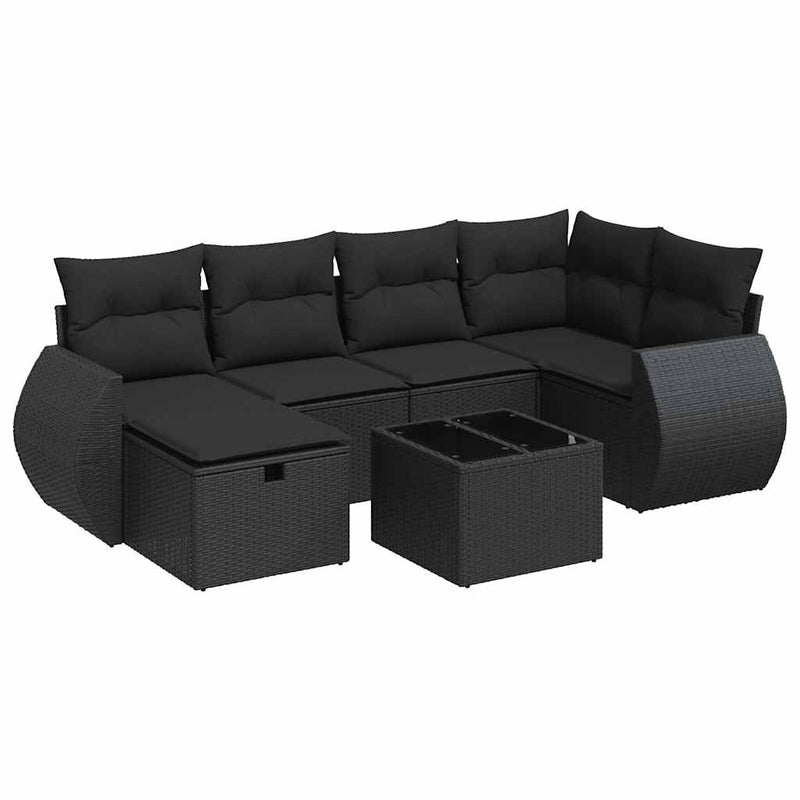 7 Piece Garden Sofa Set with Cushions Black Poly Rattan