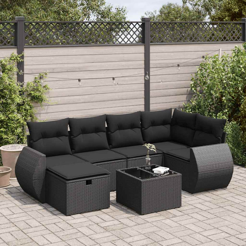 7 Piece Garden Sofa Set with Cushions Black Poly Rattan