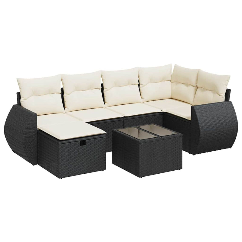 7 Piece Garden Sofa Set with Cushions Black Poly Rattan