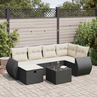 7 Piece Garden Sofa Set with Cushions Black Poly Rattan