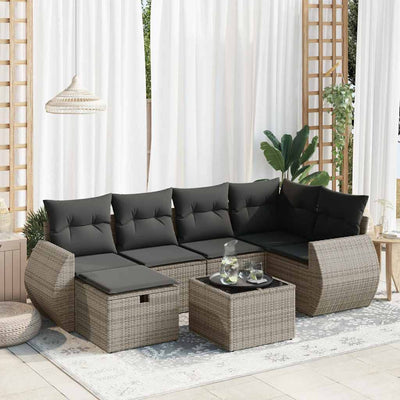 7 Piece Garden Sofa Set with Cushions Grey Poly Rattan