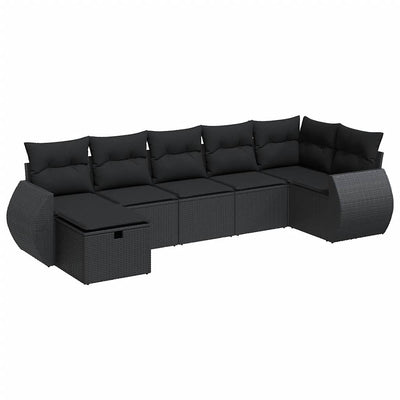 7 Piece Garden Sofa Set with Cushions Black Poly Rattan