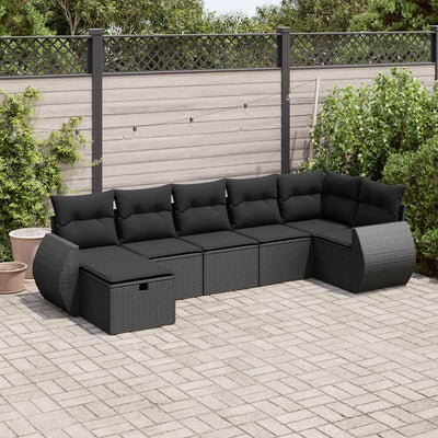 7 Piece Garden Sofa Set with Cushions Black Poly Rattan