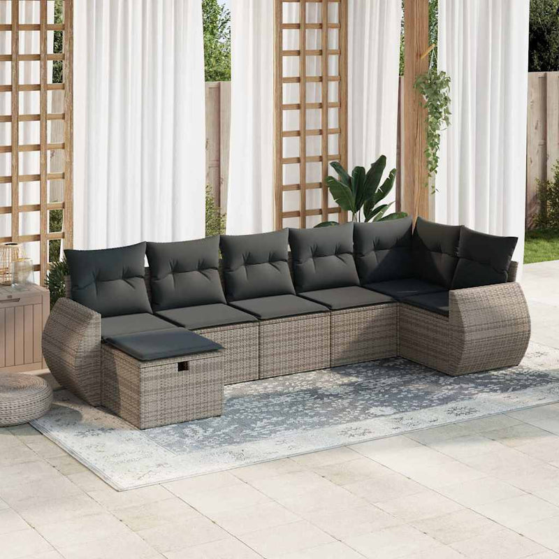 7 Piece Garden Sofa Set with Cushions Grey Poly Rattan