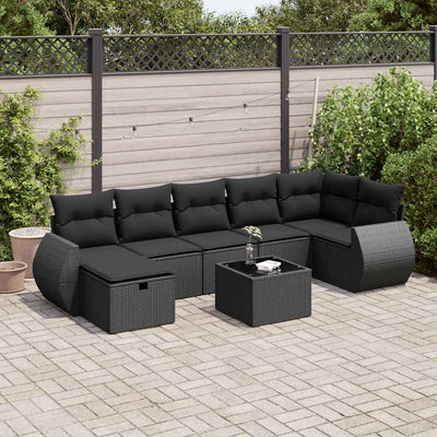 8 Piece Garden Sofa Set with Cushions Black Poly Rattan