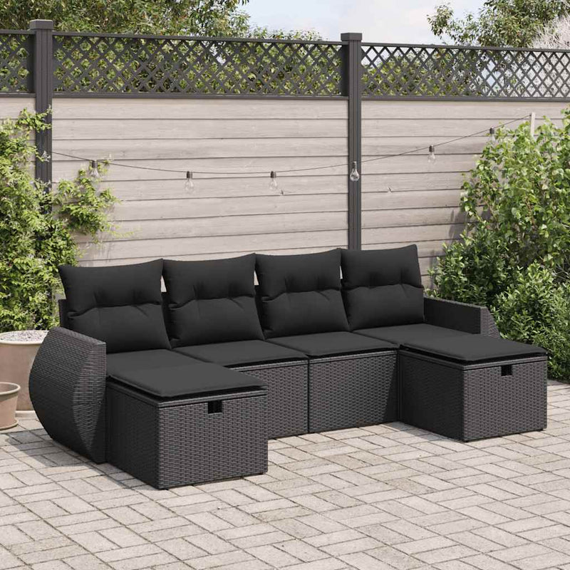 6 Piece Garden Sofa Set with Cushions Black Poly Rattan