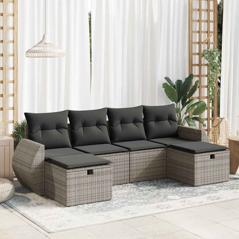 6 Piece Garden Sofa Set with Cushions Grey Poly Rattan