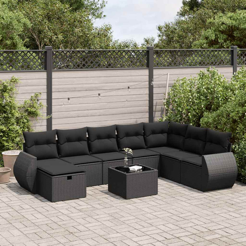 9 Piece Garden Sofa Set with Cushions Black Poly Rattan