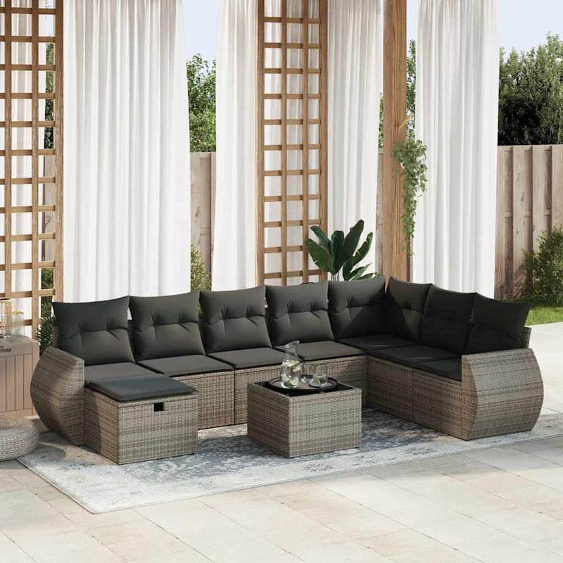 9 Piece Garden Sofa Set with Cushions Grey Poly Rattan