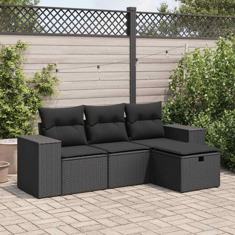 4 Piece Garden Sofa Set with Cushions Black Poly Rattan