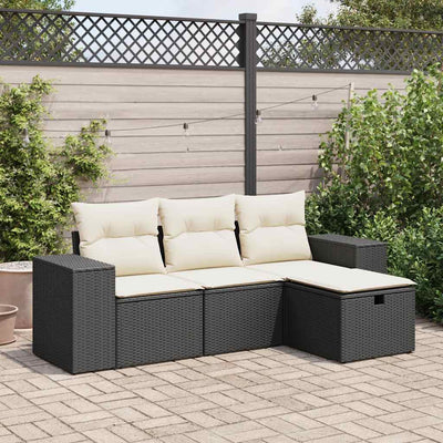 4 Piece Garden Sofa Set with Cushions Black Poly Rattan