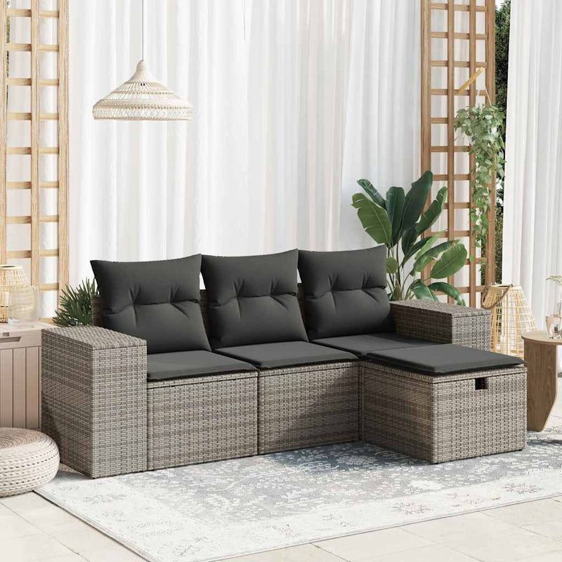 4 Piece Garden Sofa Set with Cushions Grey Poly Rattan