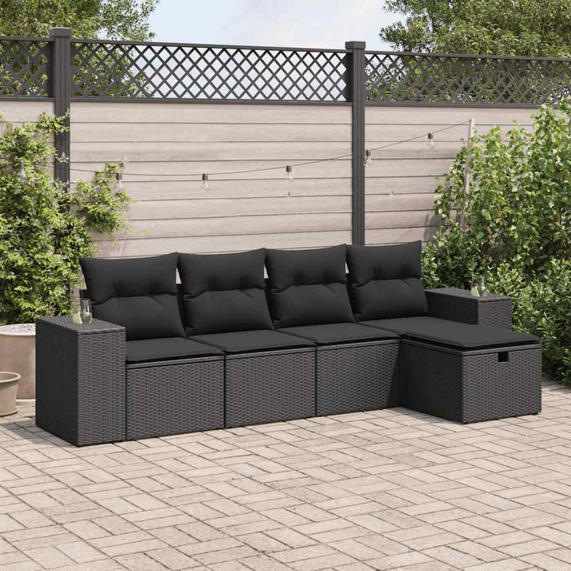 5 Piece Garden Sofa Set with Cushions Black Poly Rattan