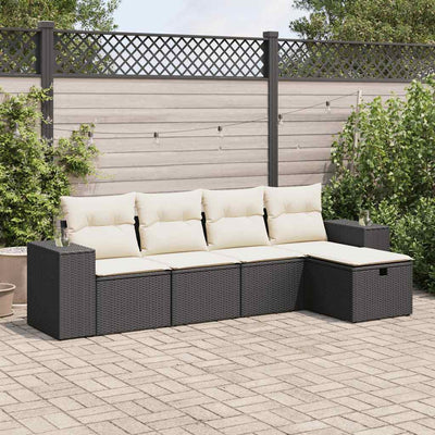 5 Piece Garden Sofa Set with Cushions Black Poly Rattan