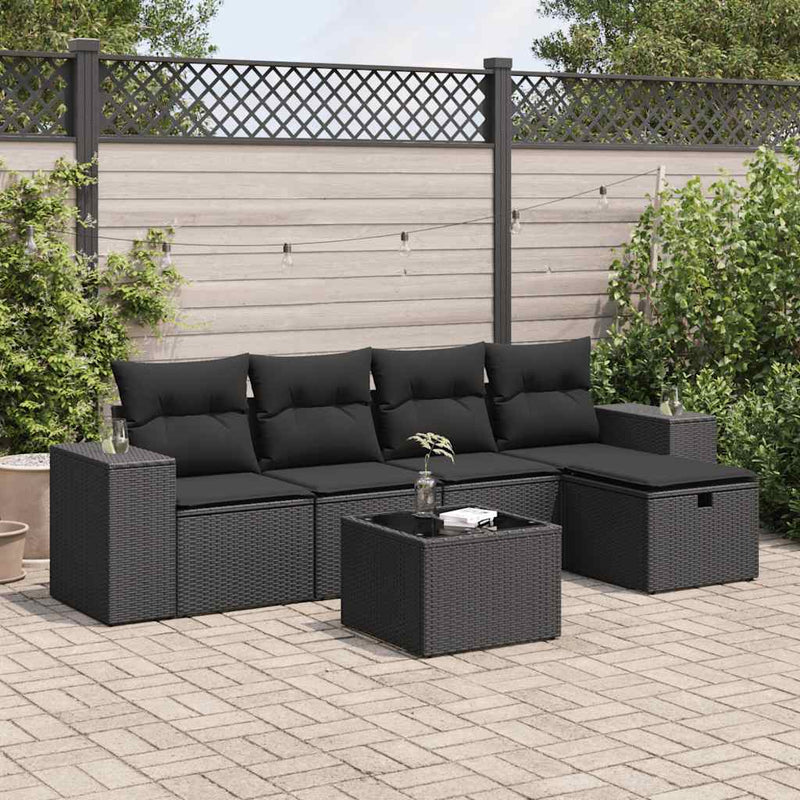 6 Piece Garden Sofa Set with Cushions Black Poly Rattan