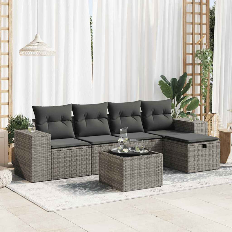 6 Piece Garden Sofa Set with Cushions Grey Poly Rattan