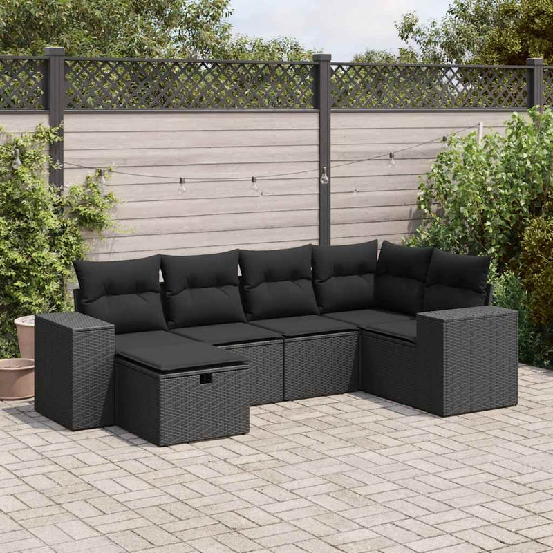 6 Piece Garden Sofa Set with Cushions Black Poly Rattan