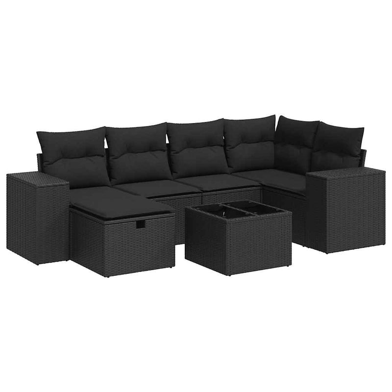 7 Piece Garden Sofa Set with Cushions Black Poly Rattan