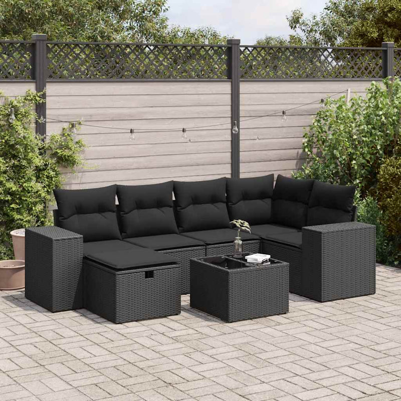 7 Piece Garden Sofa Set with Cushions Black Poly Rattan