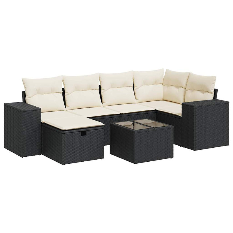 7 Piece Garden Sofa Set with Cushions Black Poly Rattan