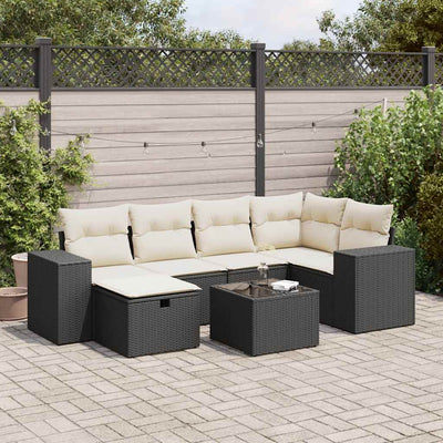 7 Piece Garden Sofa Set with Cushions Black Poly Rattan