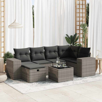 7 Piece Garden Sofa Set with Cushions Grey Poly Rattan