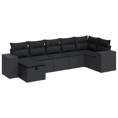 7 Piece Garden Sofa Set with Cushions Black Poly Rattan