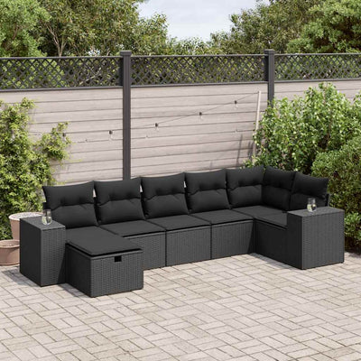 7 Piece Garden Sofa Set with Cushions Black Poly Rattan