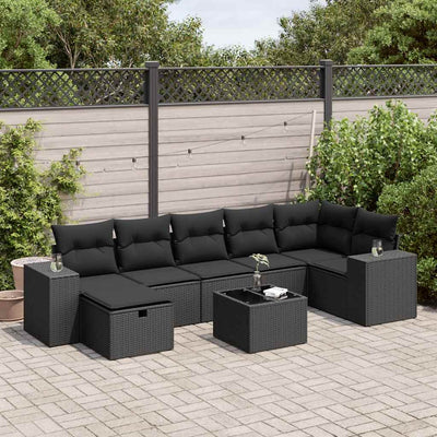 8 Piece Garden Sofa Set with Cushions Black Poly Rattan