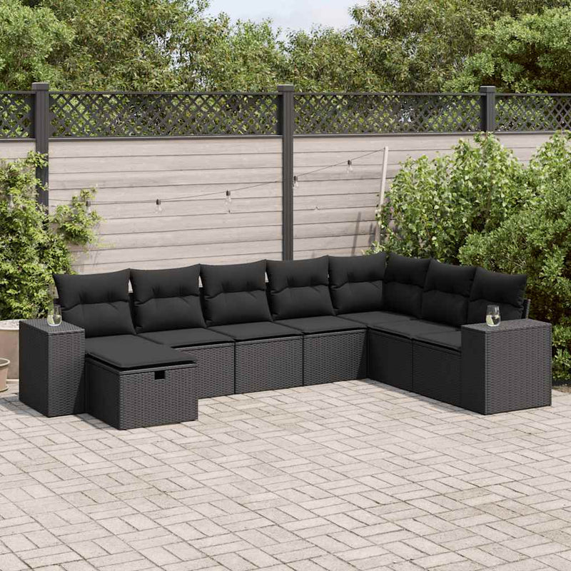 8 Piece Garden Sofa Set with Cushions Black Poly Rattan