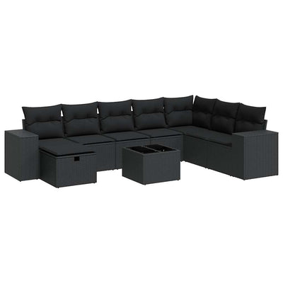 9 Piece Garden Sofa Set with Cushions Black Poly Rattan