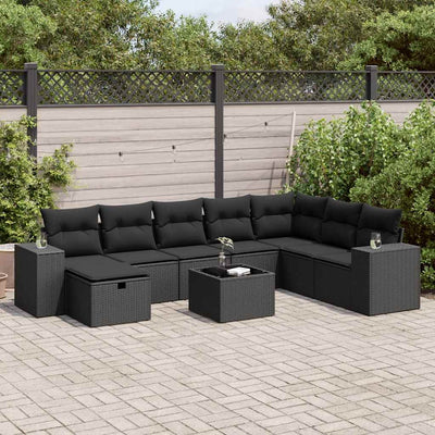 9 Piece Garden Sofa Set with Cushions Black Poly Rattan