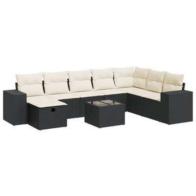 9 Piece Garden Sofa Set with Cushions Black Poly Rattan