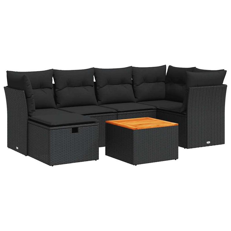 7 Piece Garden Sofa Set with Cushions Black Poly Rattan