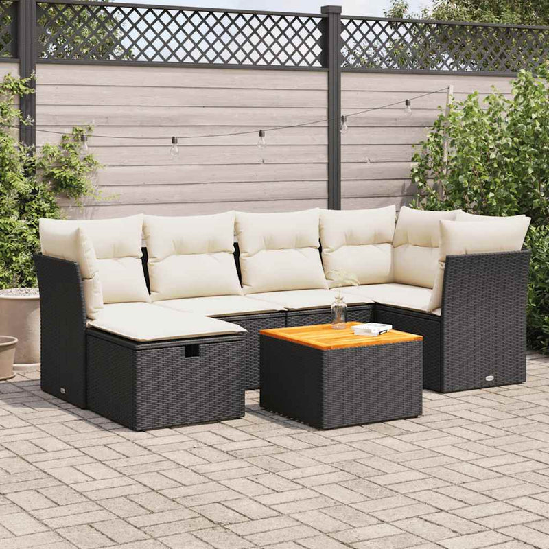 7 Piece Garden Sofa Set with Cushions Black Poly Rattan