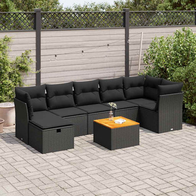 8 Piece Garden Sofa Set with Cushions Black Poly Rattan