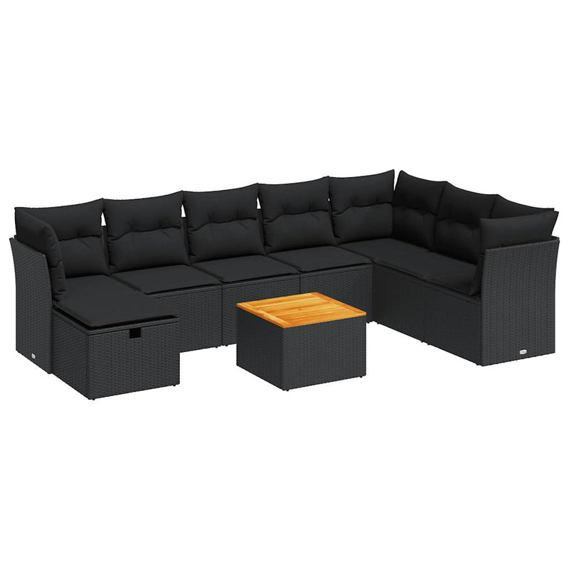 9 Piece Garden Sofa Set with Cushions Black Poly Rattan