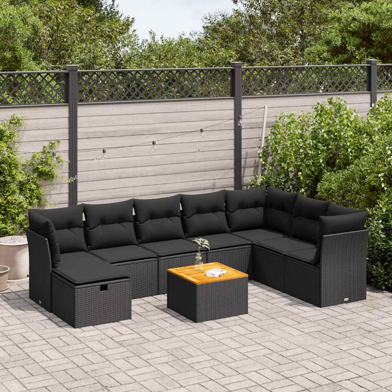 9 Piece Garden Sofa Set with Cushions Black Poly Rattan