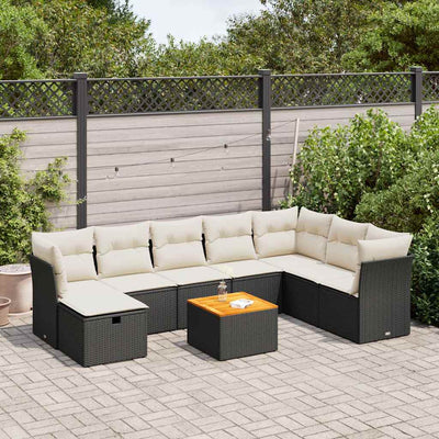 9 Piece Garden Sofa Set with Cushions Black Poly Rattan