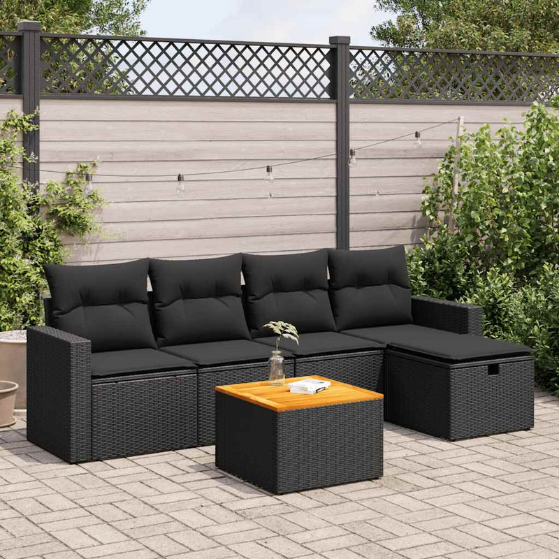 6 Piece Garden Sofa Set with Cushions Black Poly Rattan