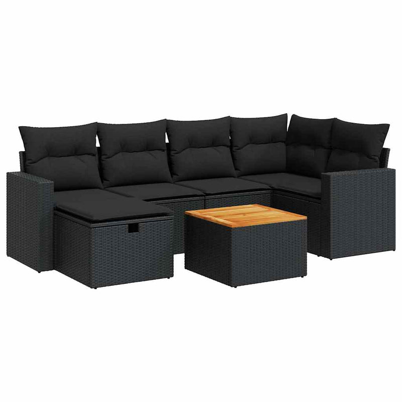 7 Piece Garden Sofa Set with Cushions Black Poly Rattan