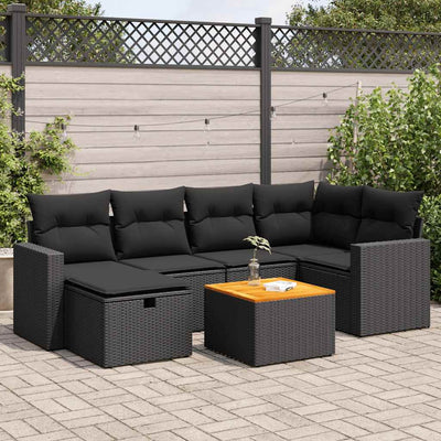 7 Piece Garden Sofa Set with Cushions Black Poly Rattan